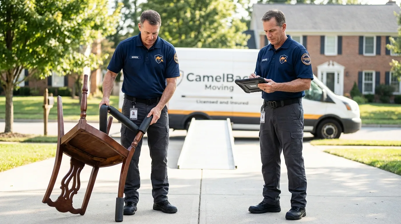 Movers inspecting furniture for damage prevention before loading in Hanover, MD