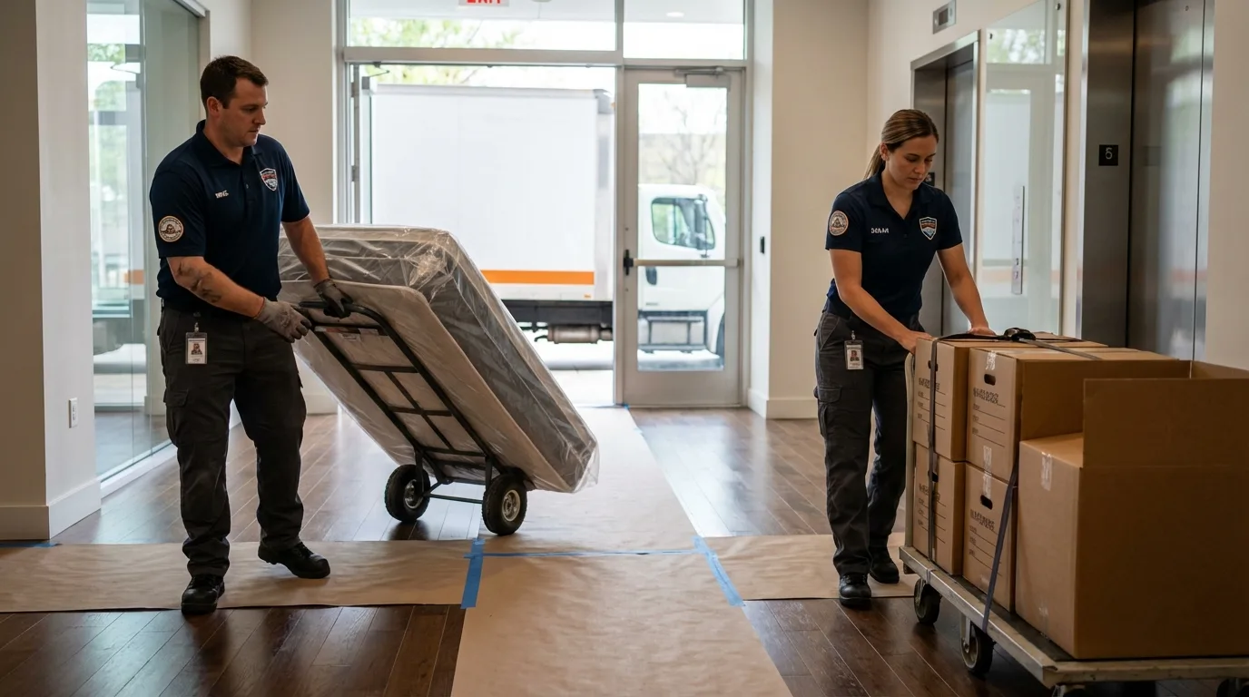 Professional apartment movers loading elevator in Hanover, MD
